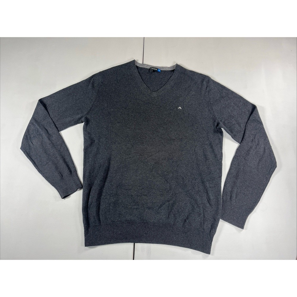 J Lindeberg Men's Gray Cotton Knit Lightweight V Neck Embroidered Logo Sweater L